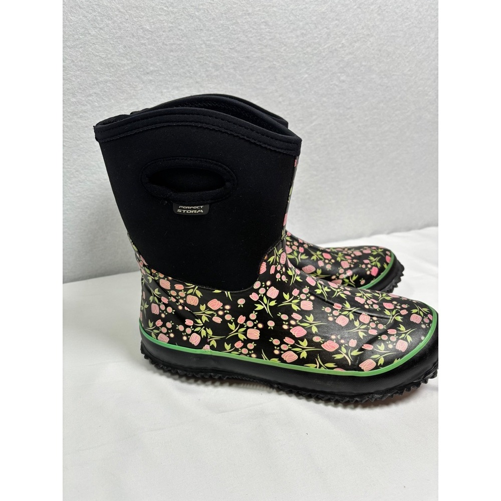 Perfect Storm Cloud Mid Tulip Rain Boots Womens 11 Black Pink Floral Waterproof - Picture 2 of 7